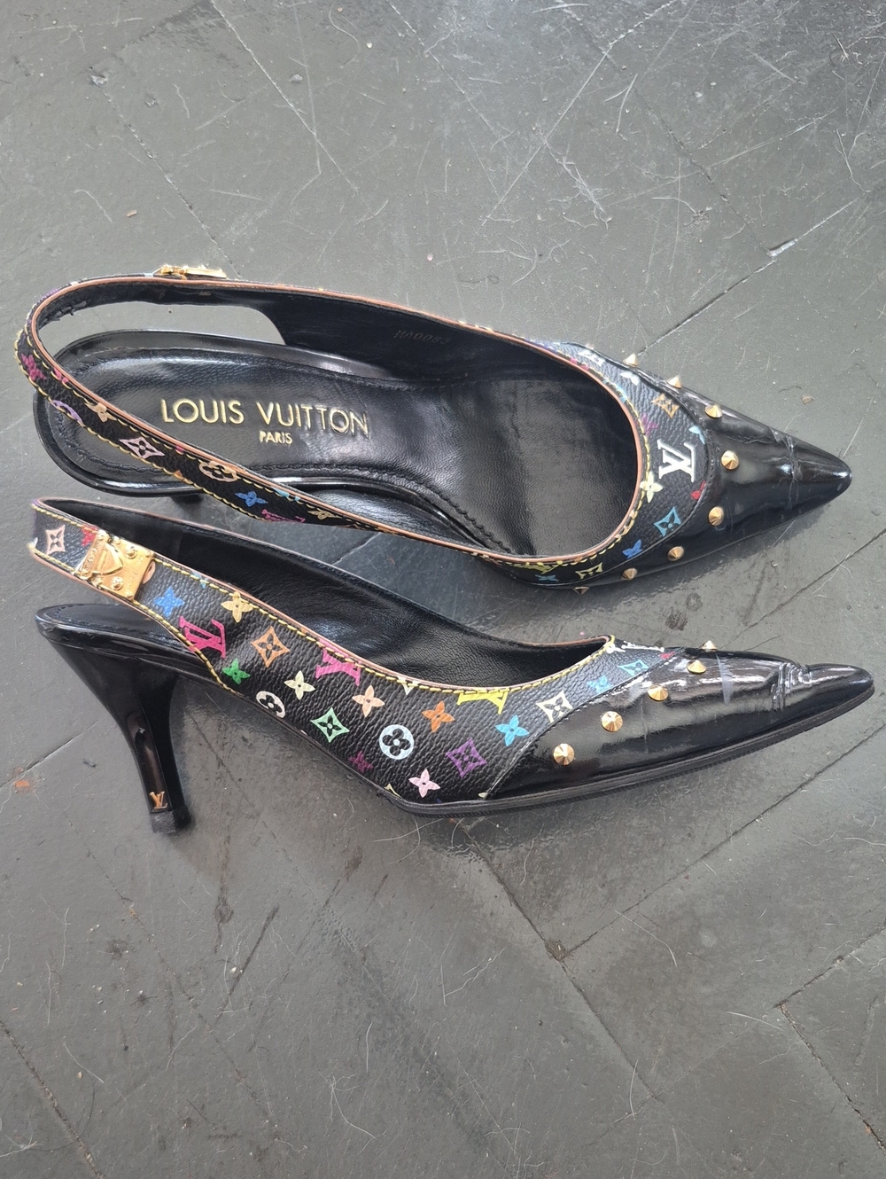 Louis Vuitton Black Multicolor Monogram Studded Slingback Pumps